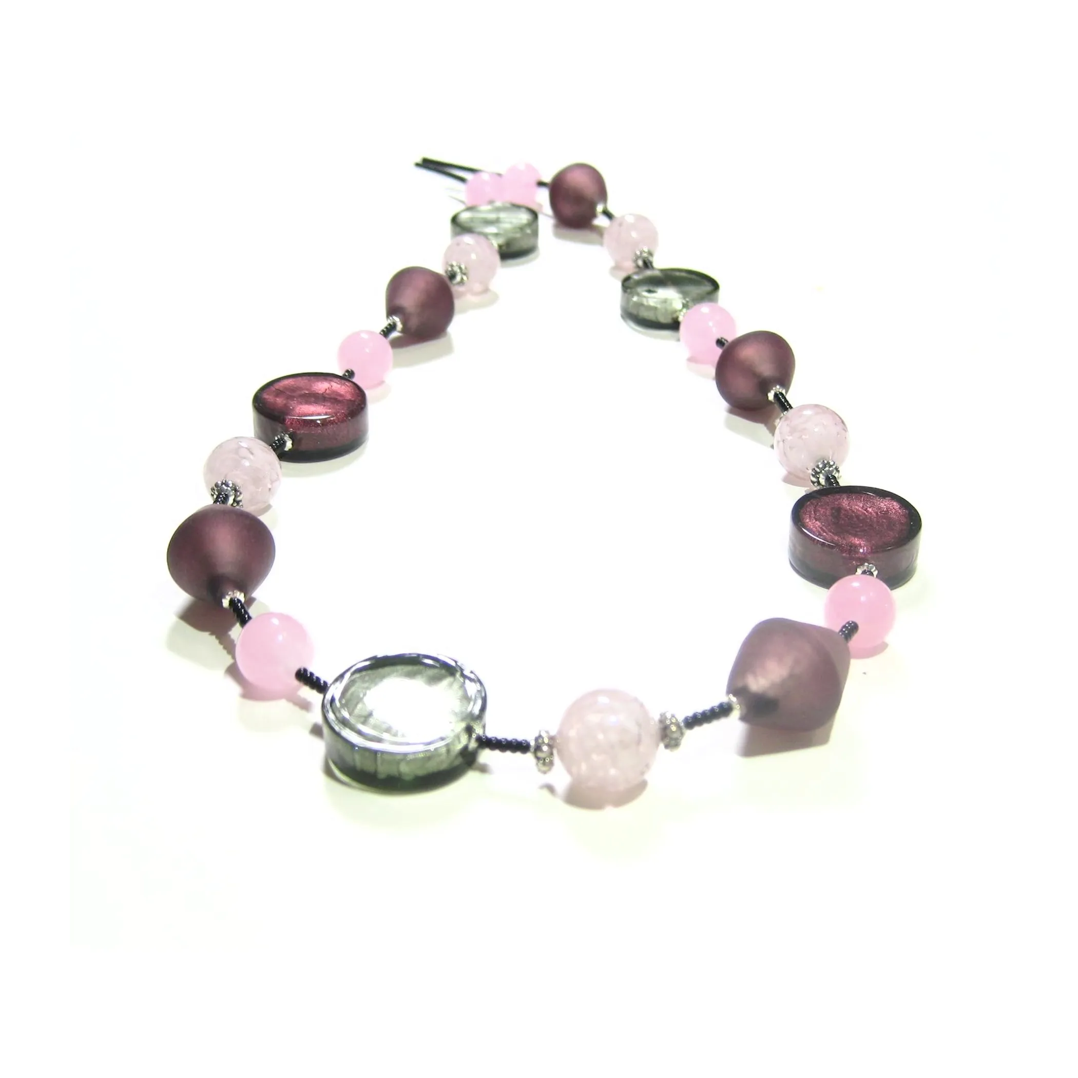Murano Glass Purple Pink Gray Long Silver Necklace