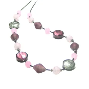 Murano Glass Purple Pink Gray Long Silver Necklace