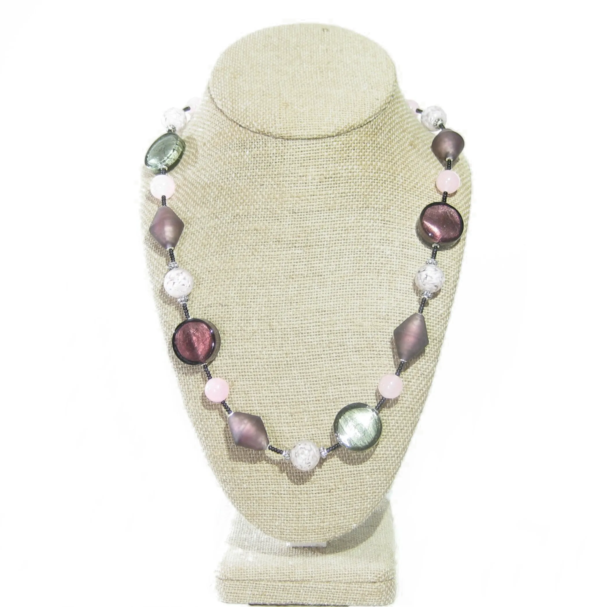 Murano Glass Purple Pink Gray Long Silver Necklace