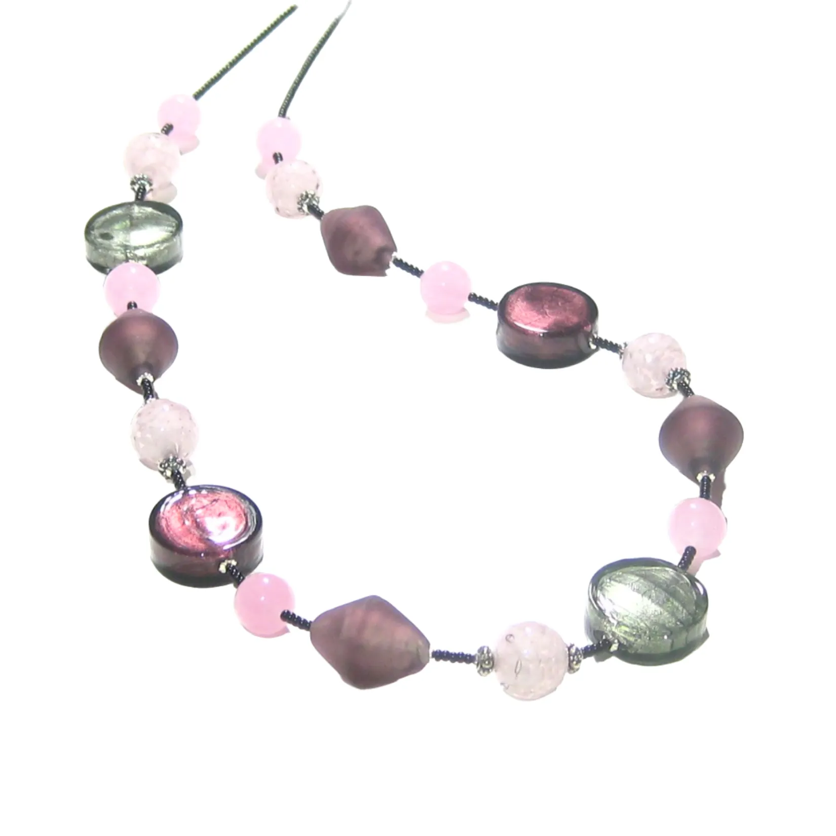 Murano Glass Purple Pink Gray Long Silver Necklace