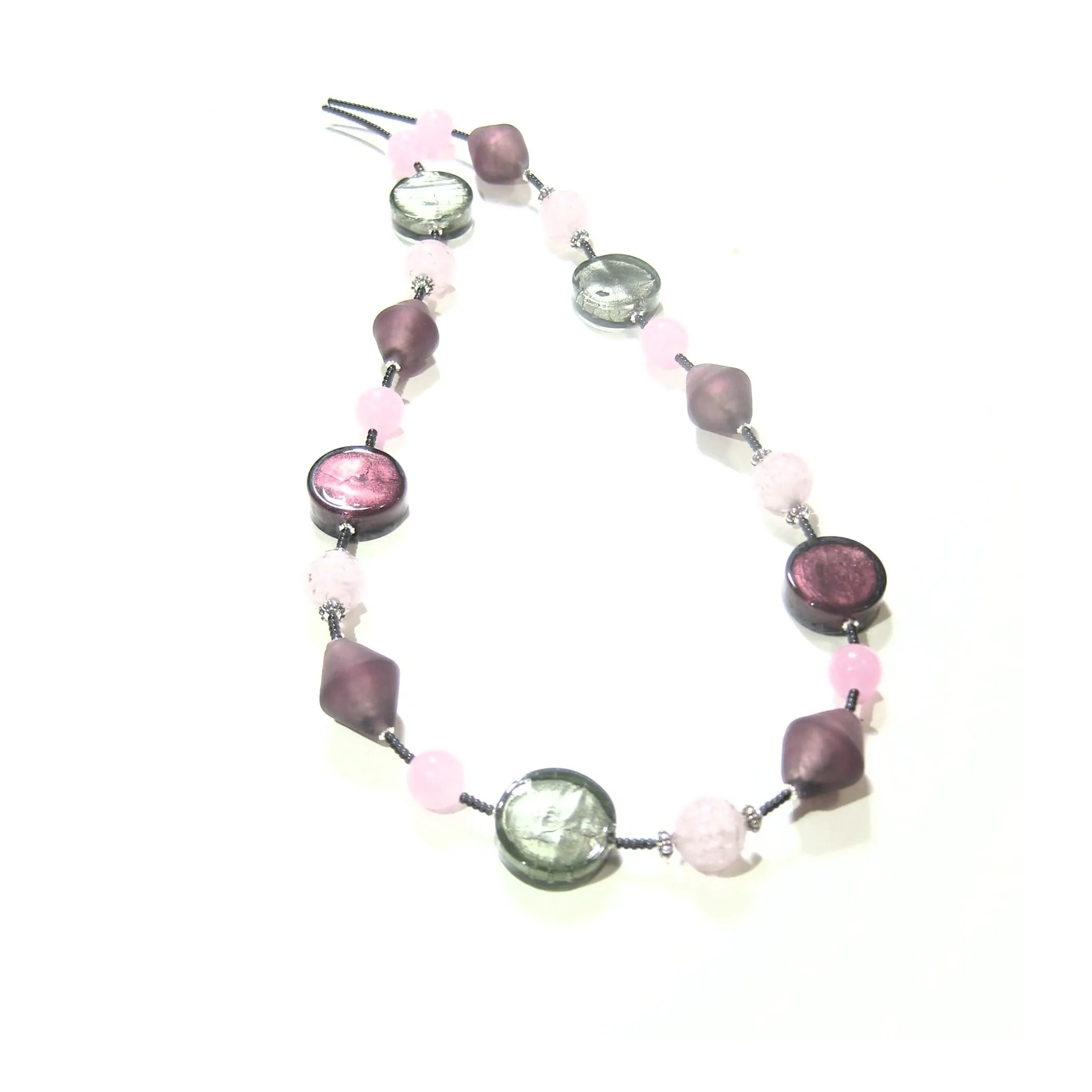 Murano Glass Purple Pink Gray Long Silver Necklace