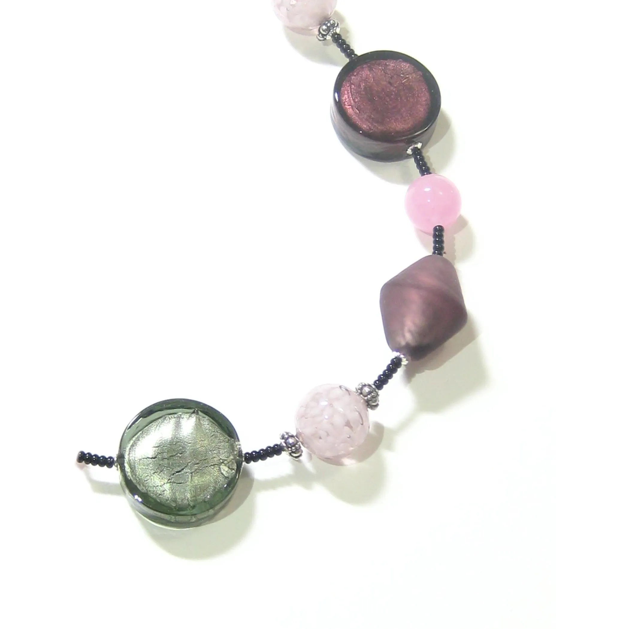 Murano Glass Purple Pink Gray Long Silver Necklace