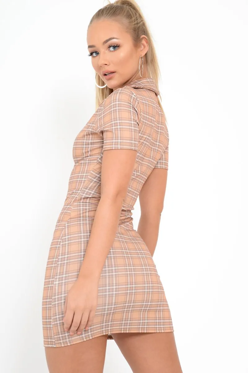 Mustard Check Plunge Zip Mini Dress - Arelys