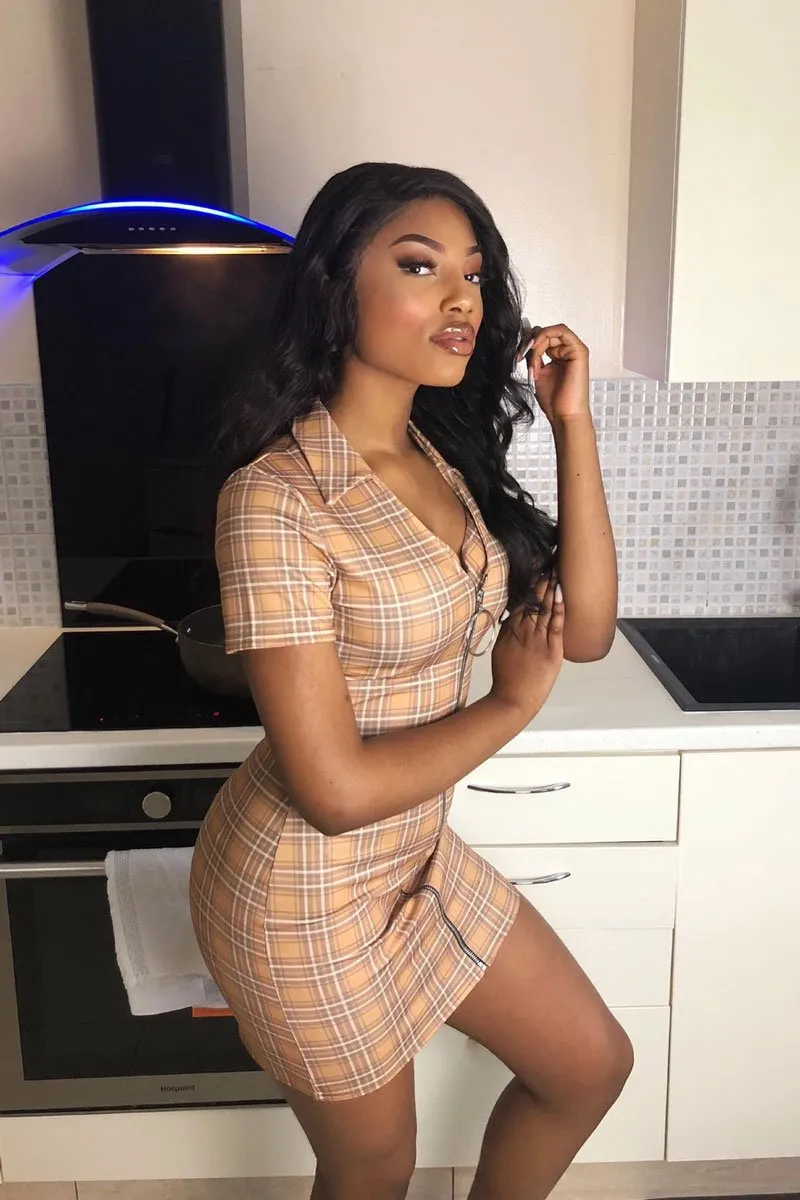 Mustard Check Plunge Zip Mini Dress - Arelys