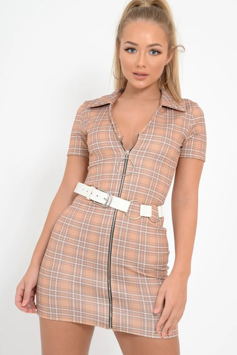 Mustard Check Plunge Zip Mini Dress - Arelys