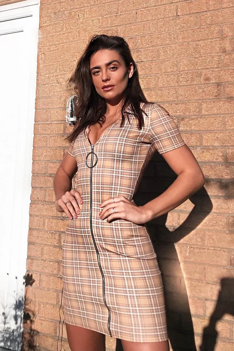 Mustard Check Plunge Zip Mini Dress - Arelys