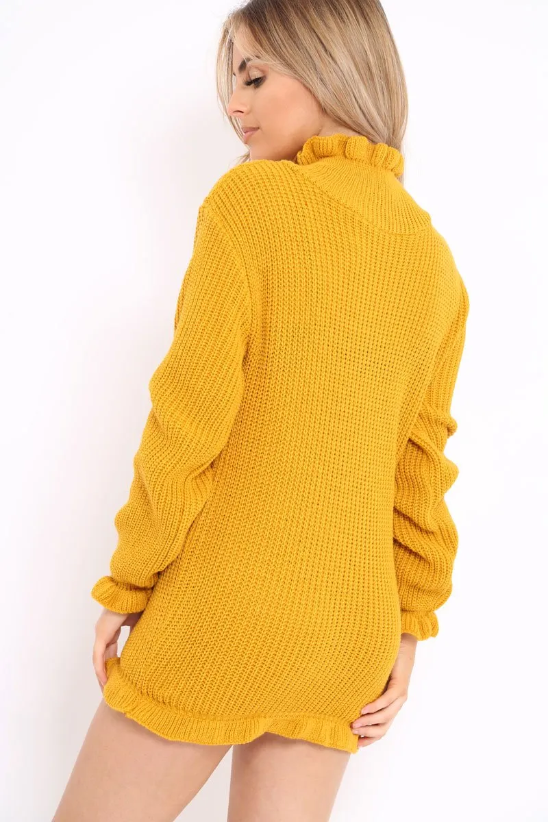 Mustard Knitted Ruffle Jumper Dress with Elasticated hems - Velma
