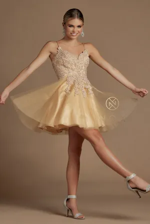 N R707 - Beaded Applique Bodice A-Line Homecoming Dress with Layered Tulle Skirt & Open Lace Up Corset Back