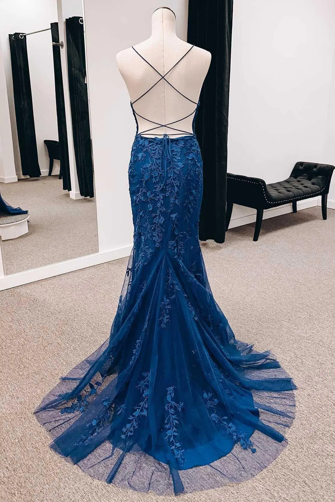 Navy Appliques Lace-Up Back Mermaid Long Prom Dress with Slit TP1188