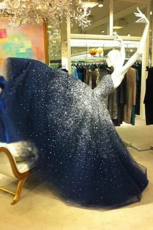 Navy Blue A-line Tulle Strapless Beading Long Prom Dresses, Evening Dress, M328
