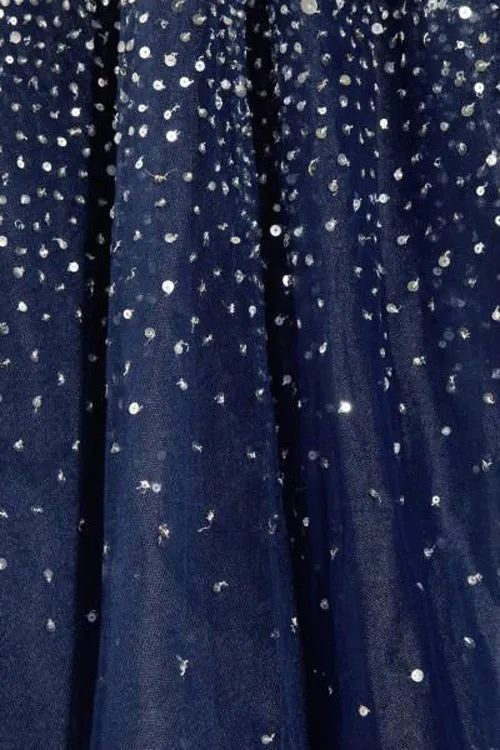 Navy Blue A-line Tulle Strapless Beading Long Prom Dresses, Evening Dress, M328