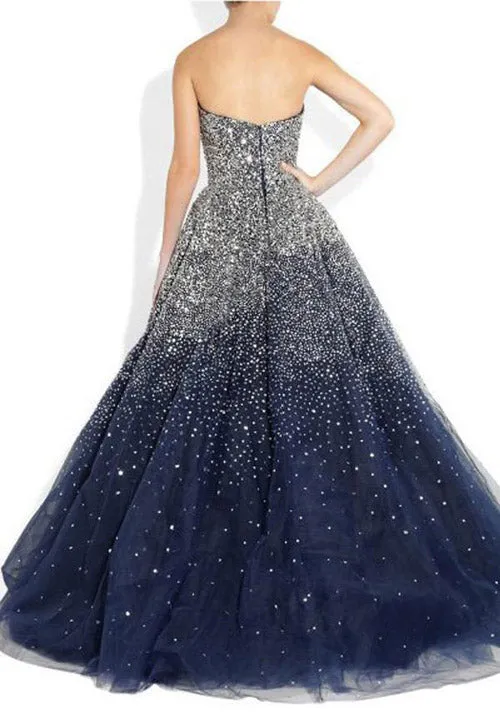 Navy Blue A-line Tulle Strapless Beading Long Prom Dresses, Evening Dress, M328