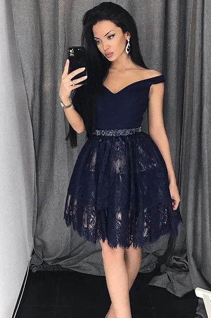 Navy Blue Lace Short Prom Dress For Teens,Graduation Party Dresse,Homecoming Dresses OK328