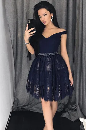 Navy Blue Lace Short Prom Dress For Teens,Graduation Party Dresse,Homecoming Dresses OK328