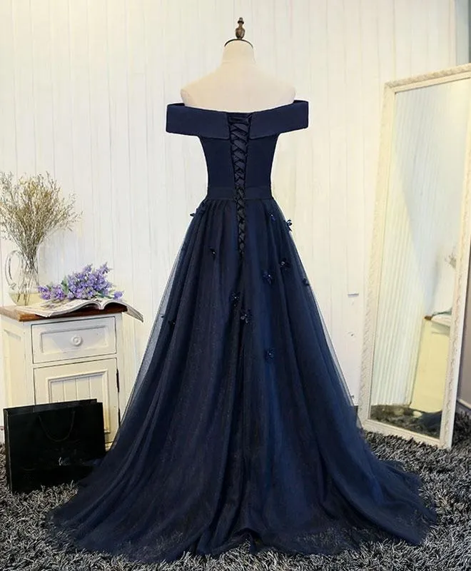 Navy Blue Off Shoulder Floor Length Party Dress, Prom Dress, Formal Gowns, Lace-up Dresses