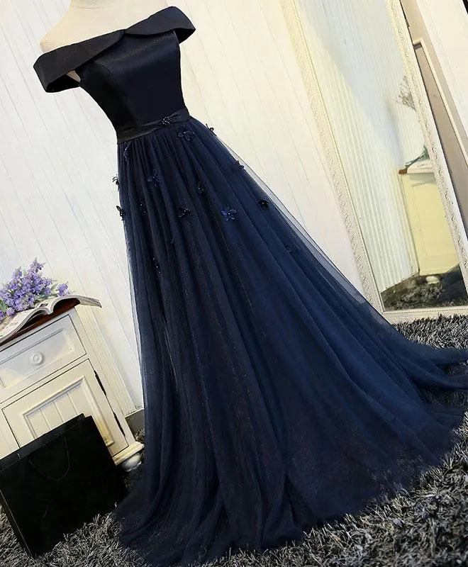 Navy Blue Off Shoulder Floor Length Party Dress, Prom Dress, Formal Gowns, Lace-up Dresses