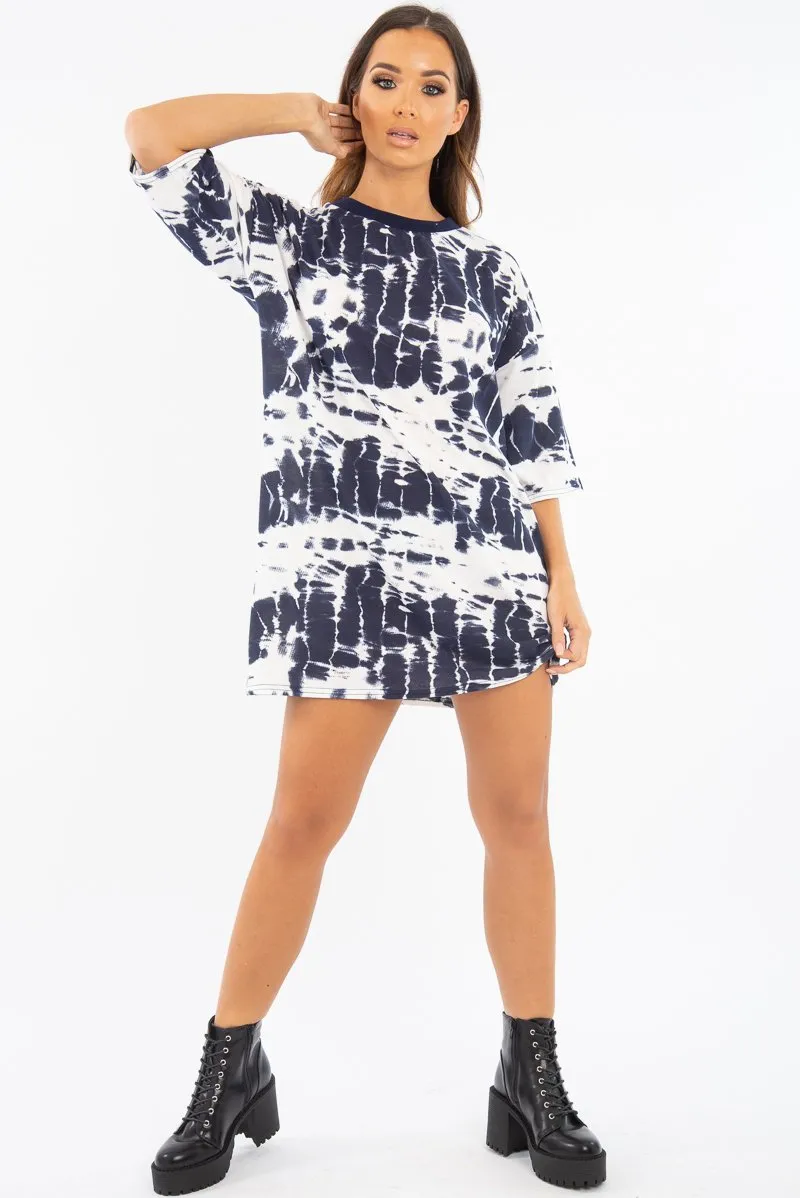 Navy Tie Dye Oversized T-Shirt Dress - Avriella