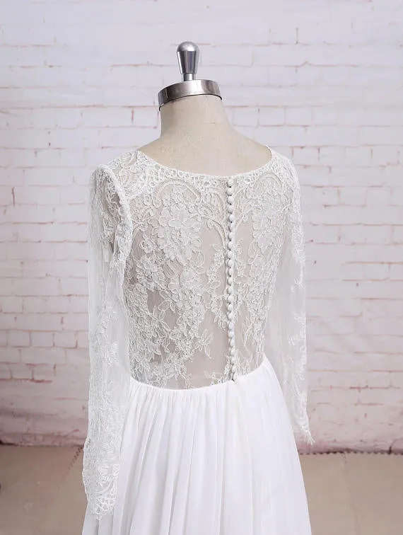 Newest Round Neck Long sleeves Lace Top Chiffon Simple Beach Wedding Dresses, WD0368