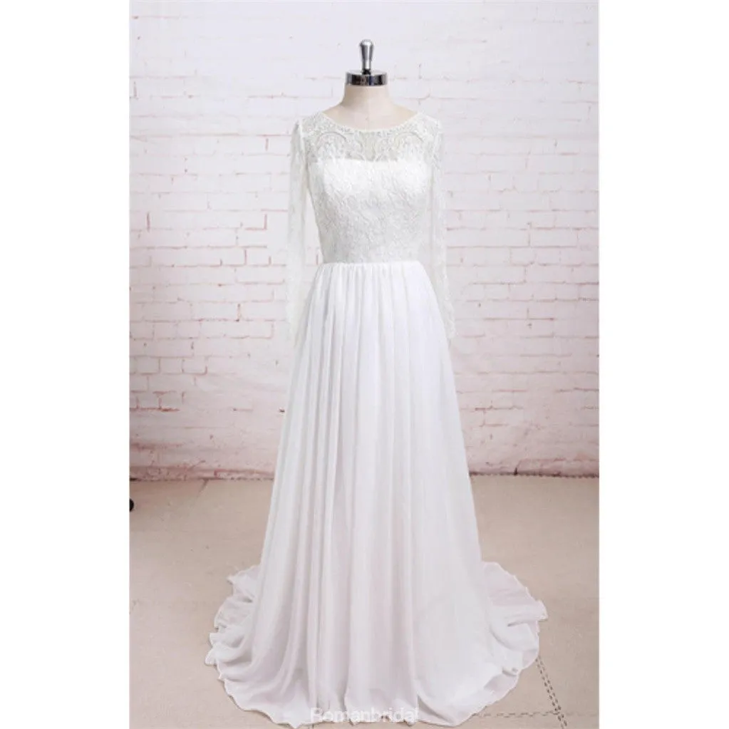 Newest Round Neck Long sleeves Lace Top Chiffon Simple Beach Wedding Dresses, WD0368