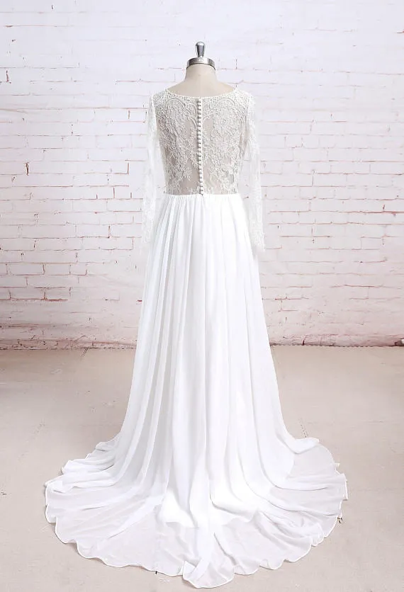 Newest Round Neck Long sleeves Lace Top Chiffon Simple Beach Wedding Dresses, WD0368