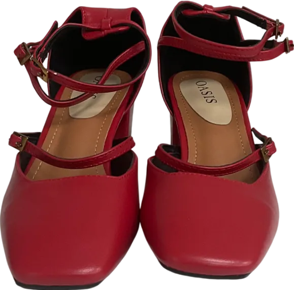 Oasis Red Venetian Square Toe Multi Mary Jane Block Heel Court Shoes UK 6 EU 39 👠