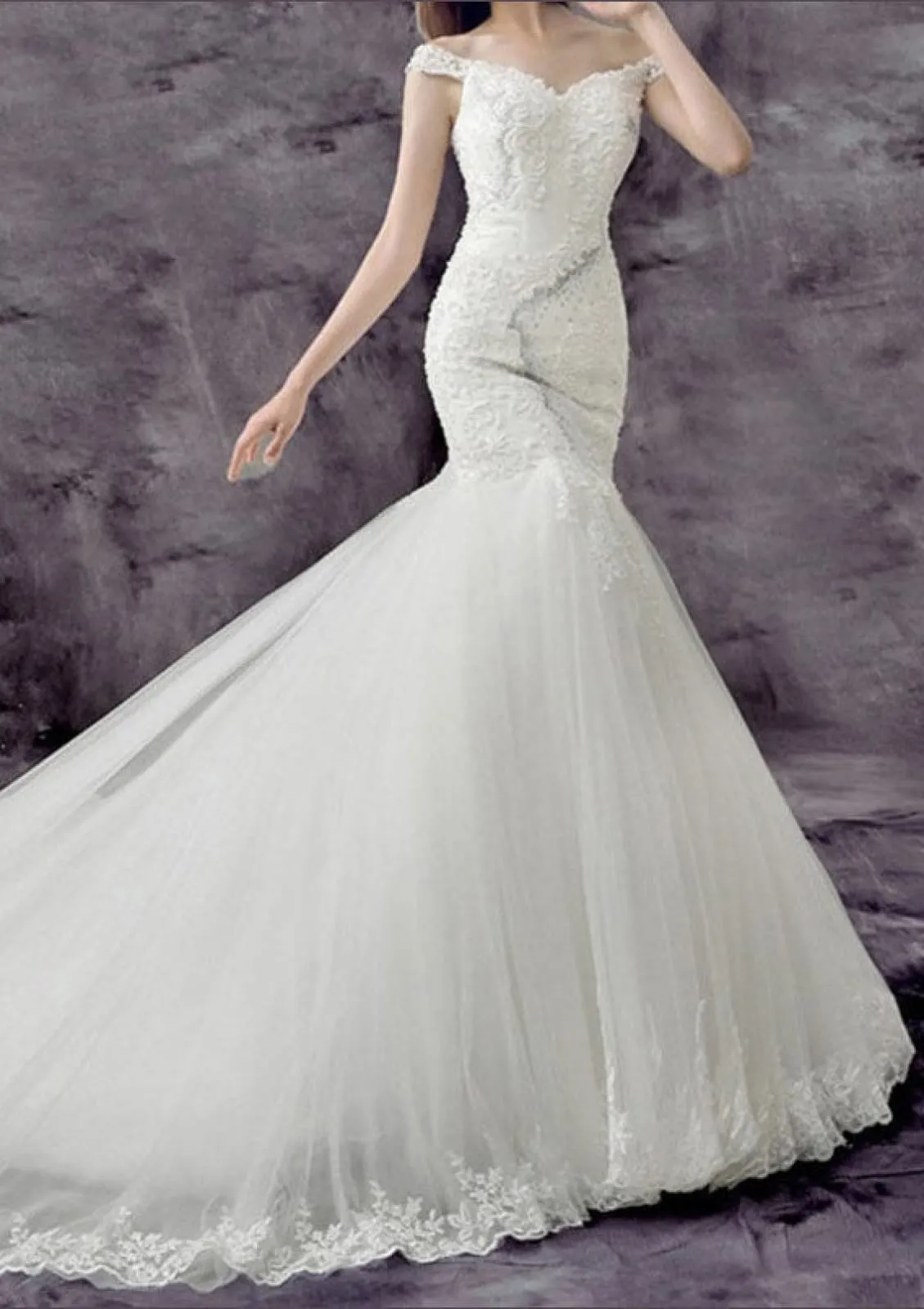 Off Shoulder Chapel Beaded Lace Tulle Mermaid Drop Waist Wedding Dress