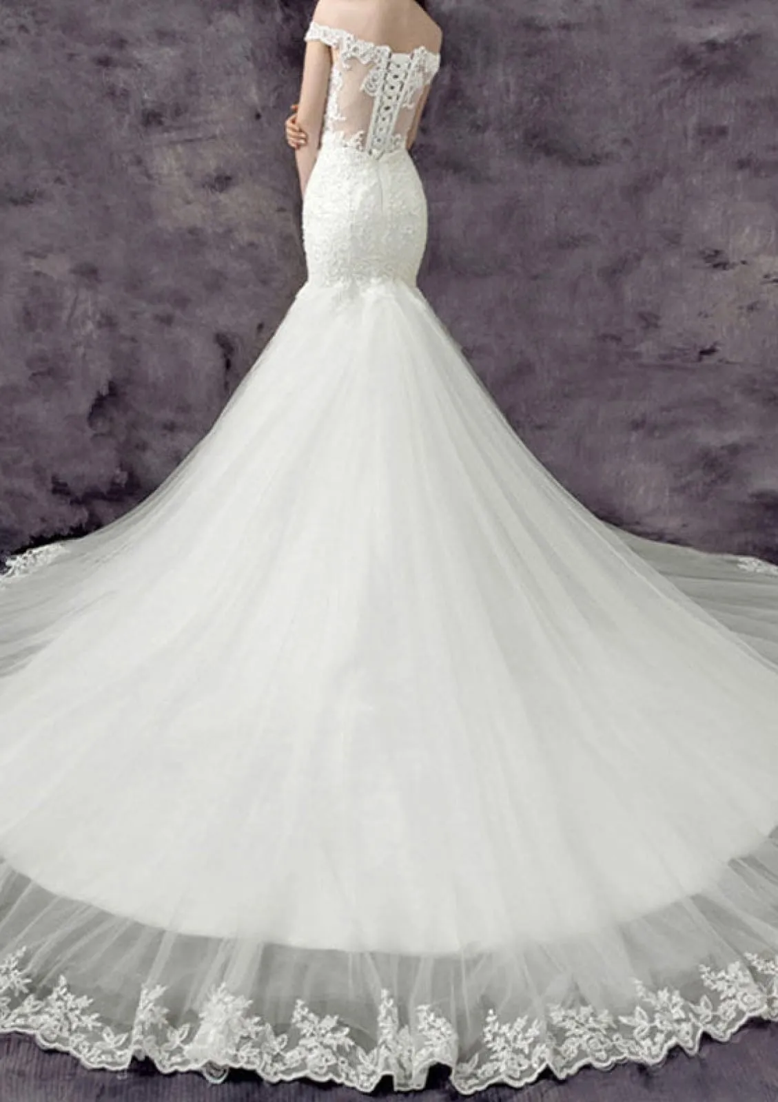 Off Shoulder Chapel Beaded Lace Tulle Mermaid Drop Waist Wedding Dress