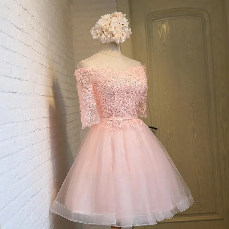 Off shoulder Half Sleeves Lace Appliqued Short Prom Dresses BD058