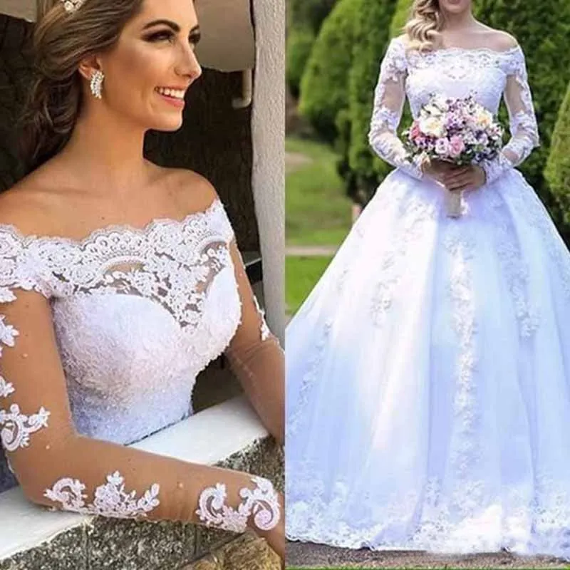 Off Shoulder Long Sleeves Lace Wedding Dress Bridal Gown