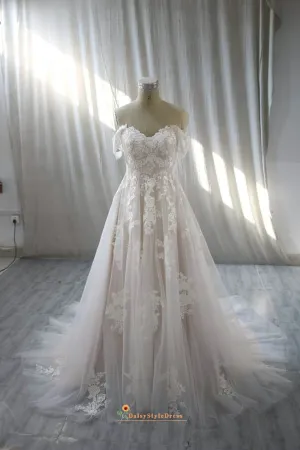 Off Shoulder Sleeve Lace Blush Wedding Dress
