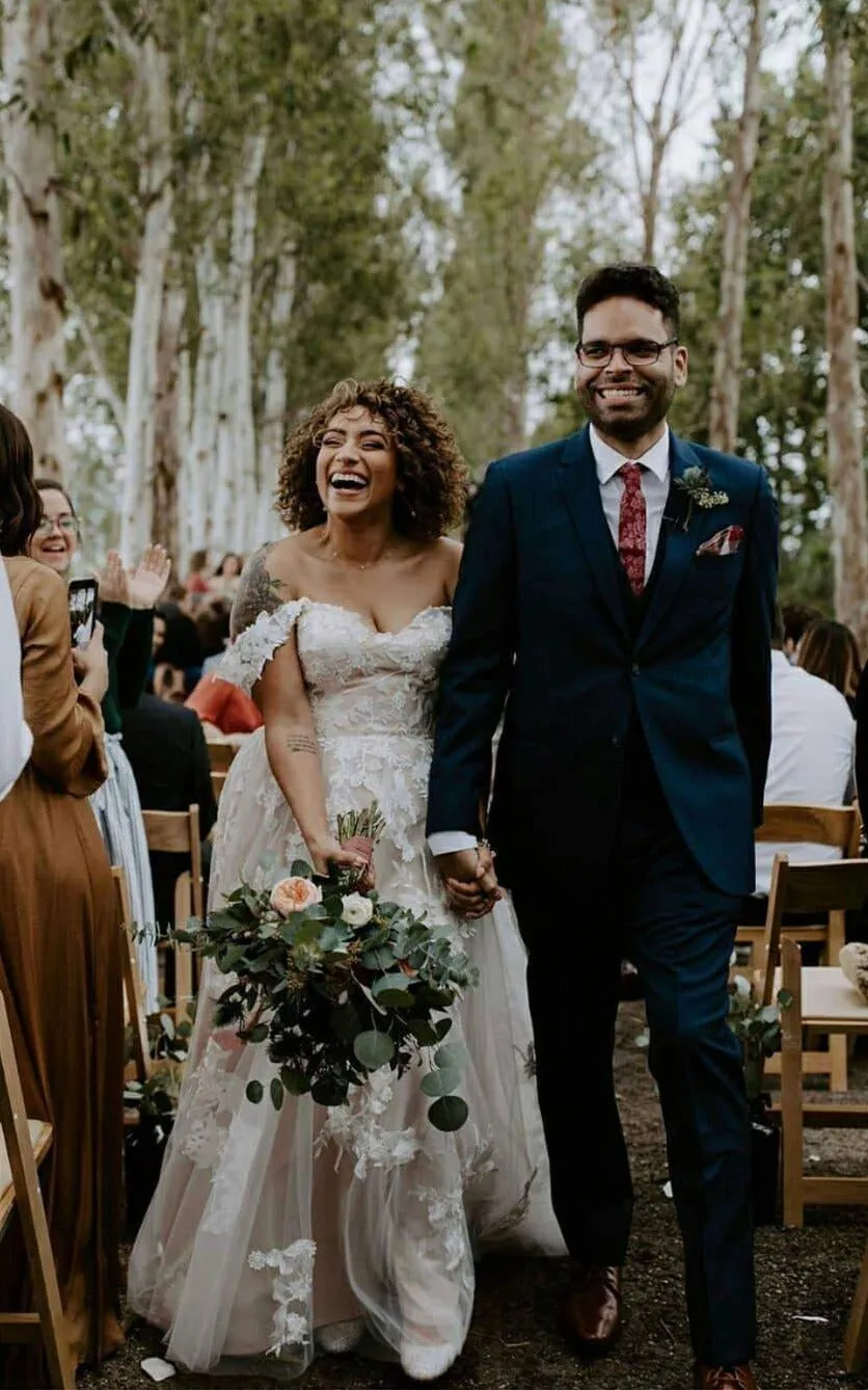 Off Shoulder Sleeve Lace Blush Wedding Dress