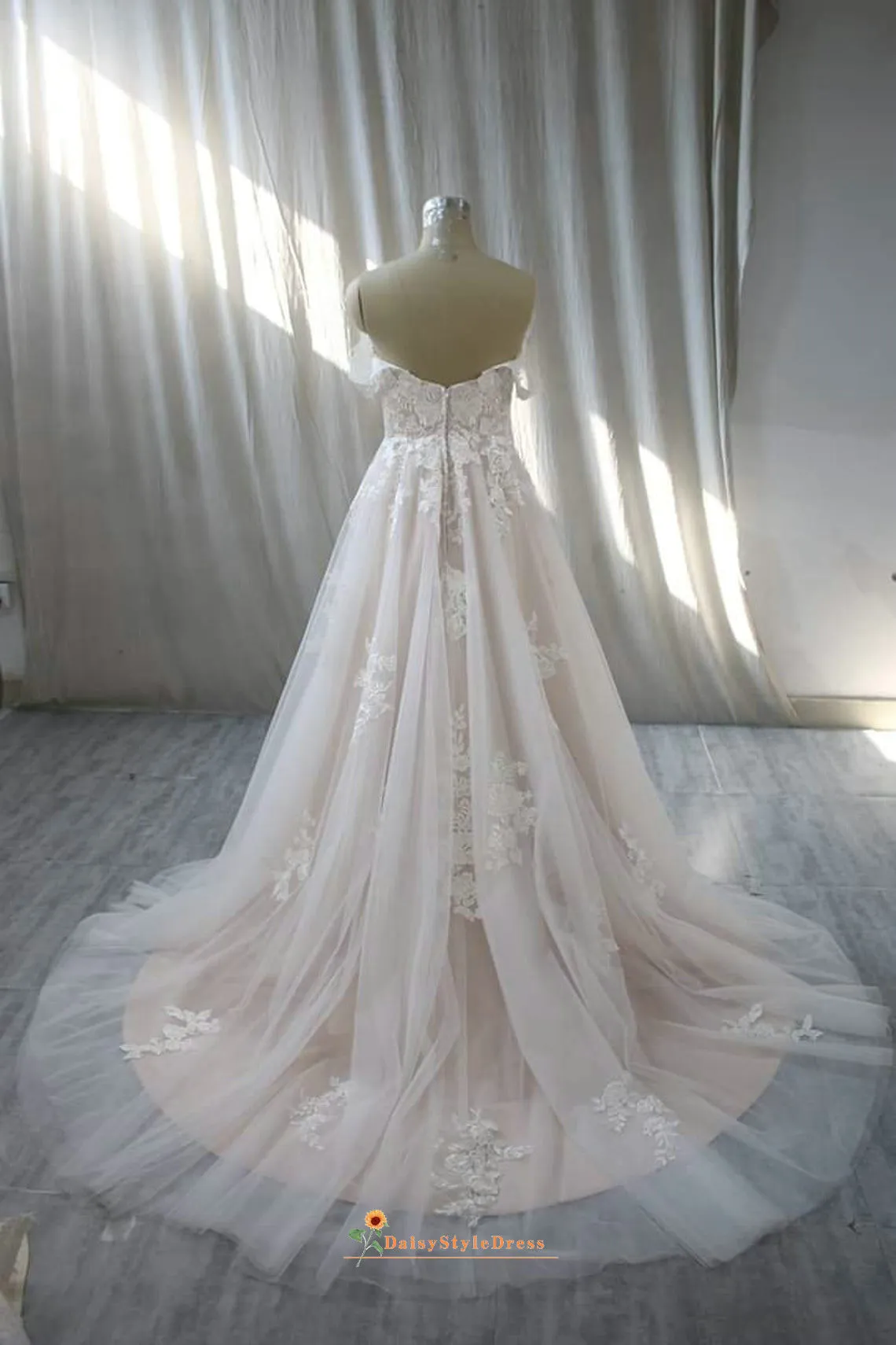 Off Shoulder Sleeve Lace Blush Wedding Dress