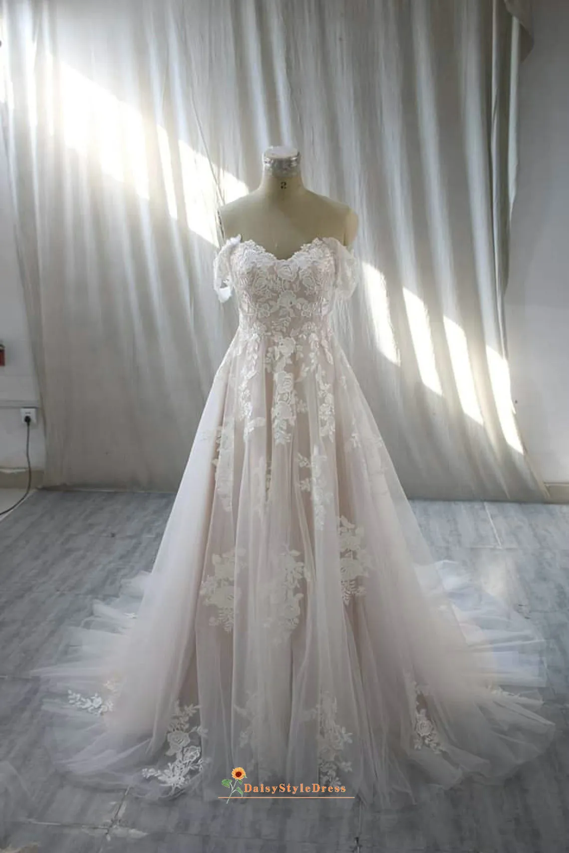 Off Shoulder Sleeve Lace Blush Wedding Dress