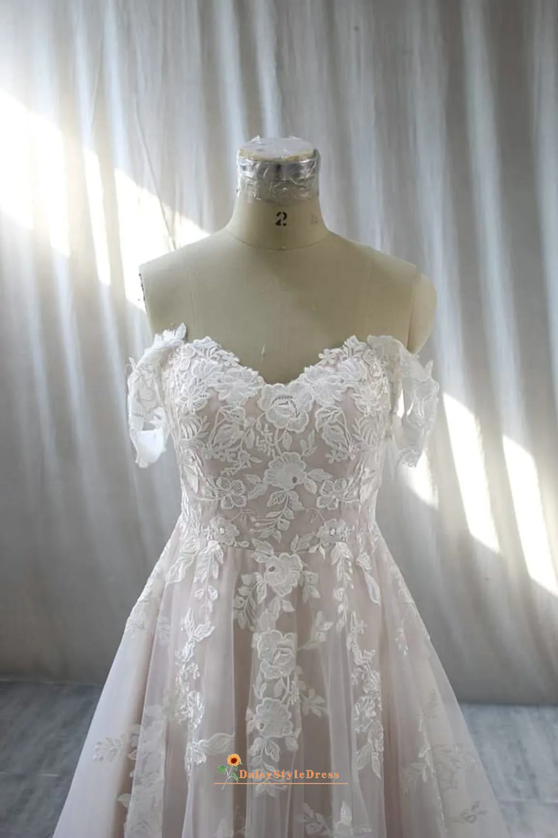 Off Shoulder Sleeve Lace Blush Wedding Dress