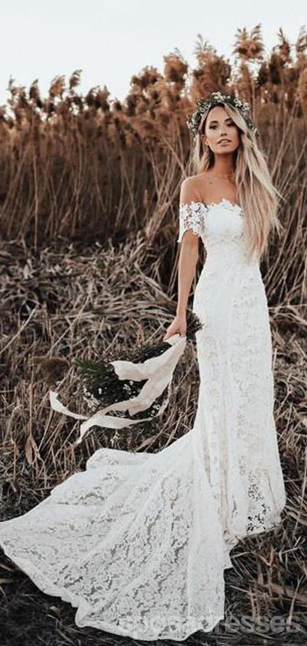 Off Shoulder Vintage Lace Mermaid Cheap Wedding Dresses, Shore Sleeves Bridal Dresses, WD432