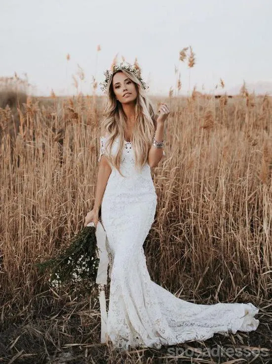 Off Shoulder Vintage Lace Mermaid Cheap Wedding Dresses, Shore Sleeves Bridal Dresses, WD432