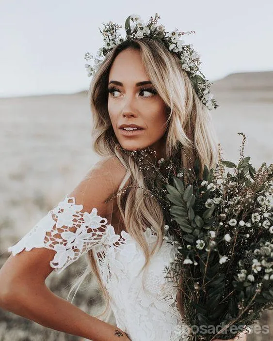 Off Shoulder Vintage Lace Mermaid Cheap Wedding Dresses, Shore Sleeves Bridal Dresses, WD432