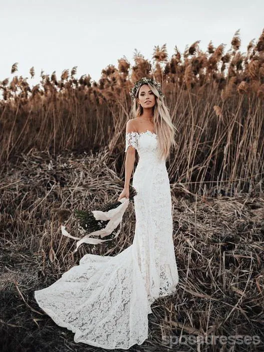 Off Shoulder Vintage Lace Mermaid Cheap Wedding Dresses, Shore Sleeves Bridal Dresses, WD432