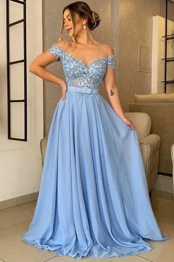 Off the Shoulder A Line Chiffon Blue Long Prom Sresses Appliques Evening Dress OK1330