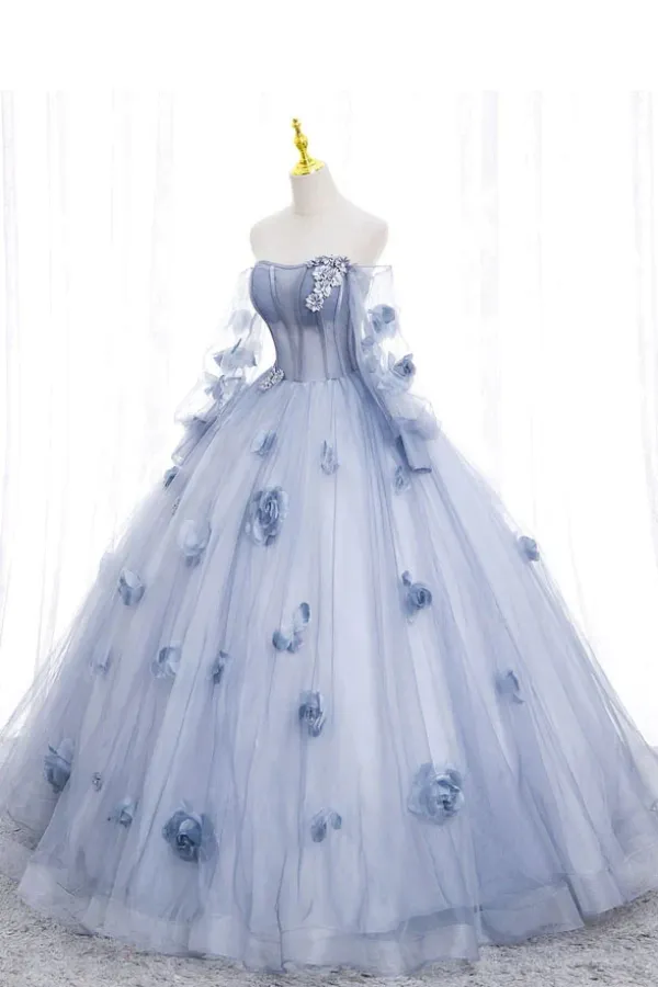 Off The Shoulder Blue Tulle Prom Dress With Flowers, Princess Quinceanera APP0839