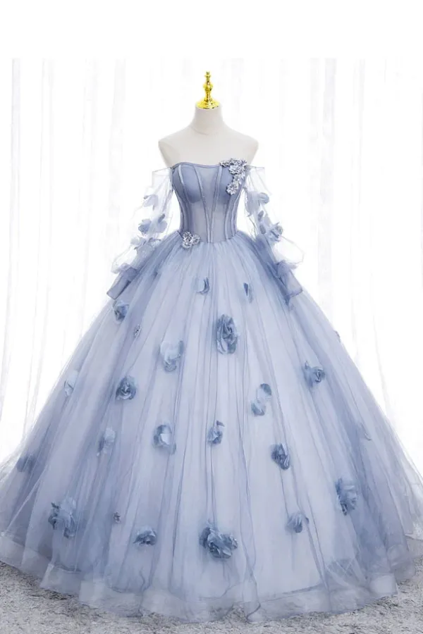Off The Shoulder Blue Tulle Prom Dress With Flowers, Princess Quinceanera APP0839