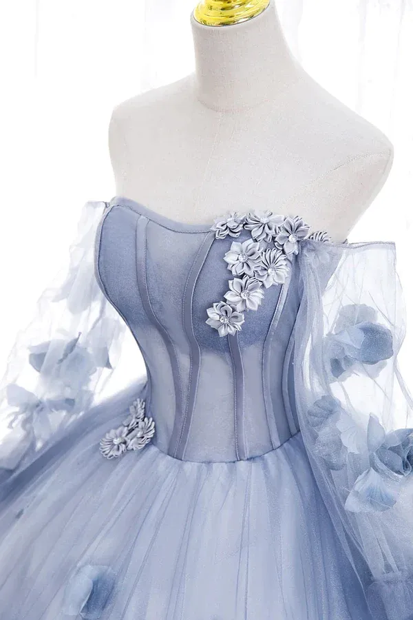 Off The Shoulder Blue Tulle Prom Dress With Flowers, Princess Quinceanera APP0839