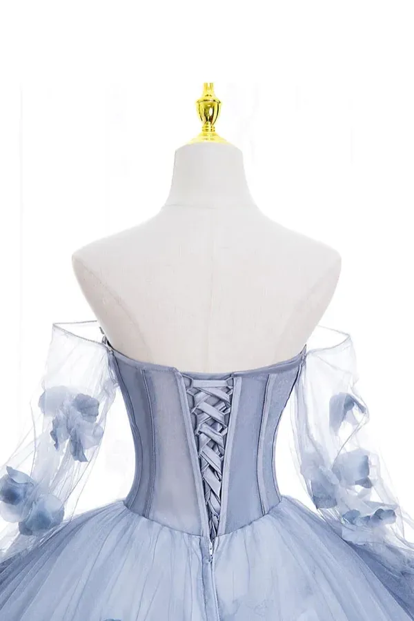 Off The Shoulder Blue Tulle Prom Dress With Flowers, Princess Quinceanera APP0839