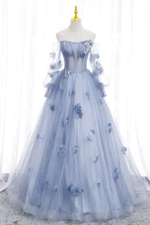 Off The Shoulder Blue Tulle Prom Dress With Flowers, Princess Quinceanera APP0839