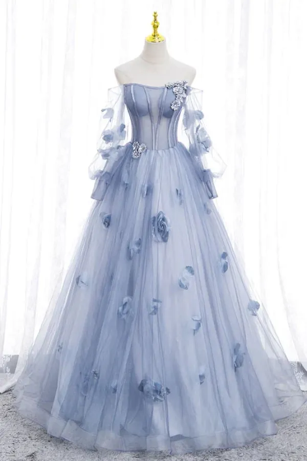Off The Shoulder Blue Tulle Prom Dress With Flowers, Princess Quinceanera APP0839