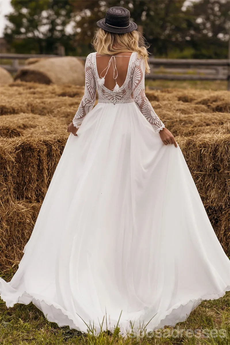 Off White A-line Long Sleeves V-neck Handmade Lace Wedding Dresses,WD791