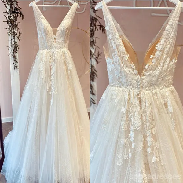 Off White A-line Straps V-neck Handmade Lace Wedding Dresses Online,WD789