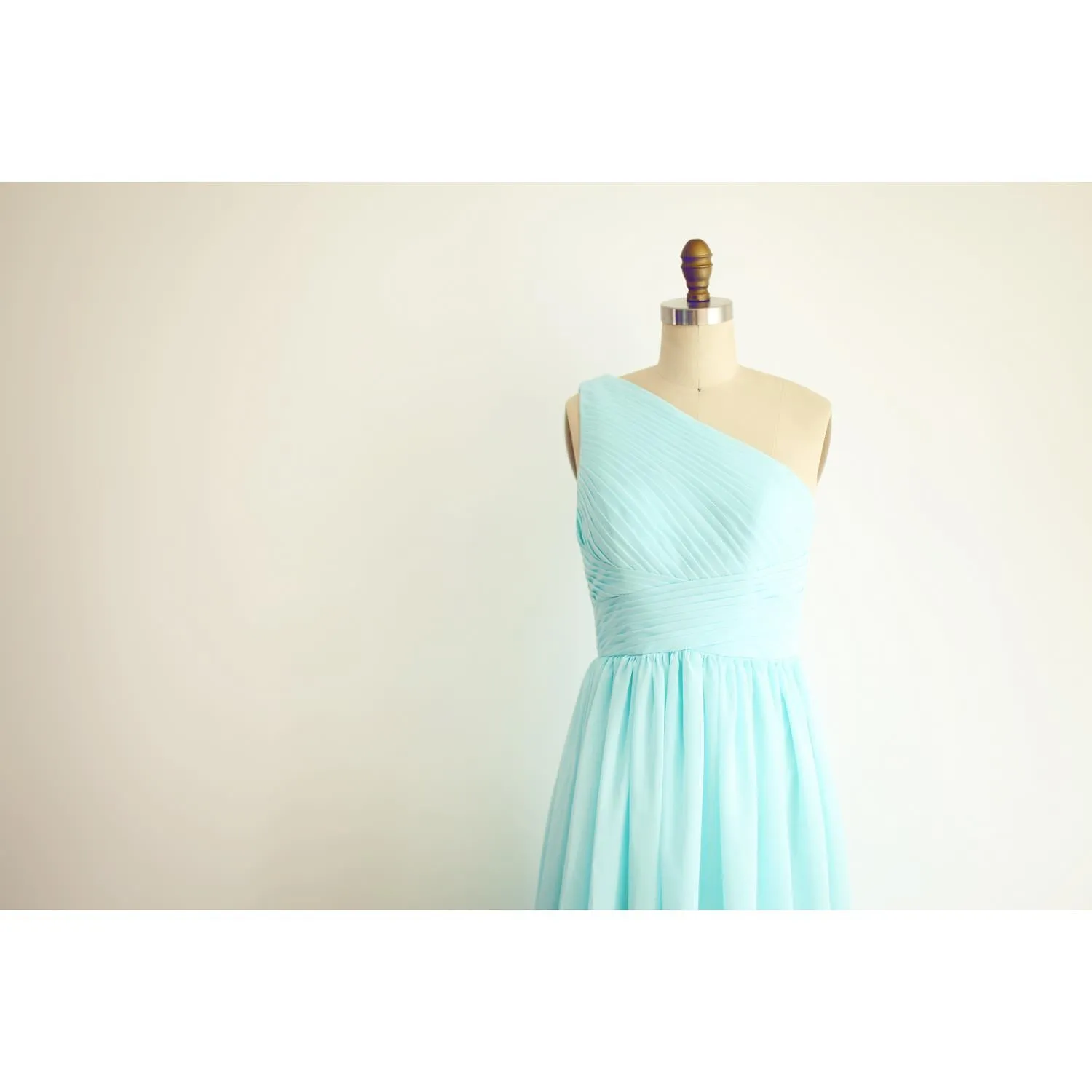One Shoulder Mint Blue Elegant Bridesmaid Dress, Handmade Chiffon Formal Gowns