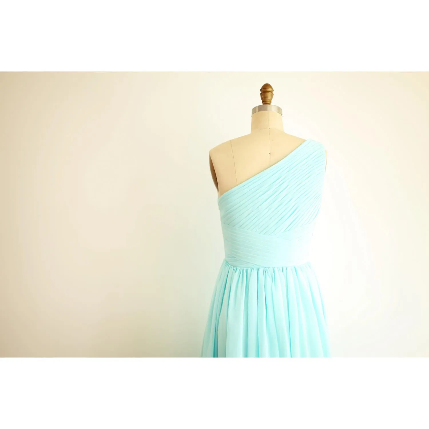 One Shoulder Mint Blue Elegant Bridesmaid Dress, Handmade Chiffon Formal Gowns