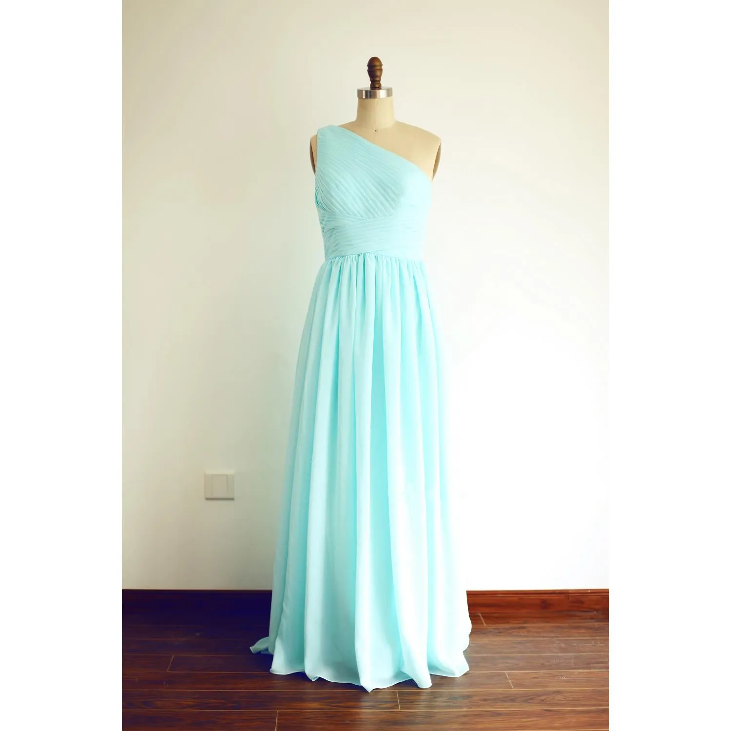 One Shoulder Mint Blue Elegant Bridesmaid Dress, Handmade Chiffon Formal Gowns